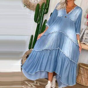 Boho Raw Hem Tiered Denim Maxi Dress